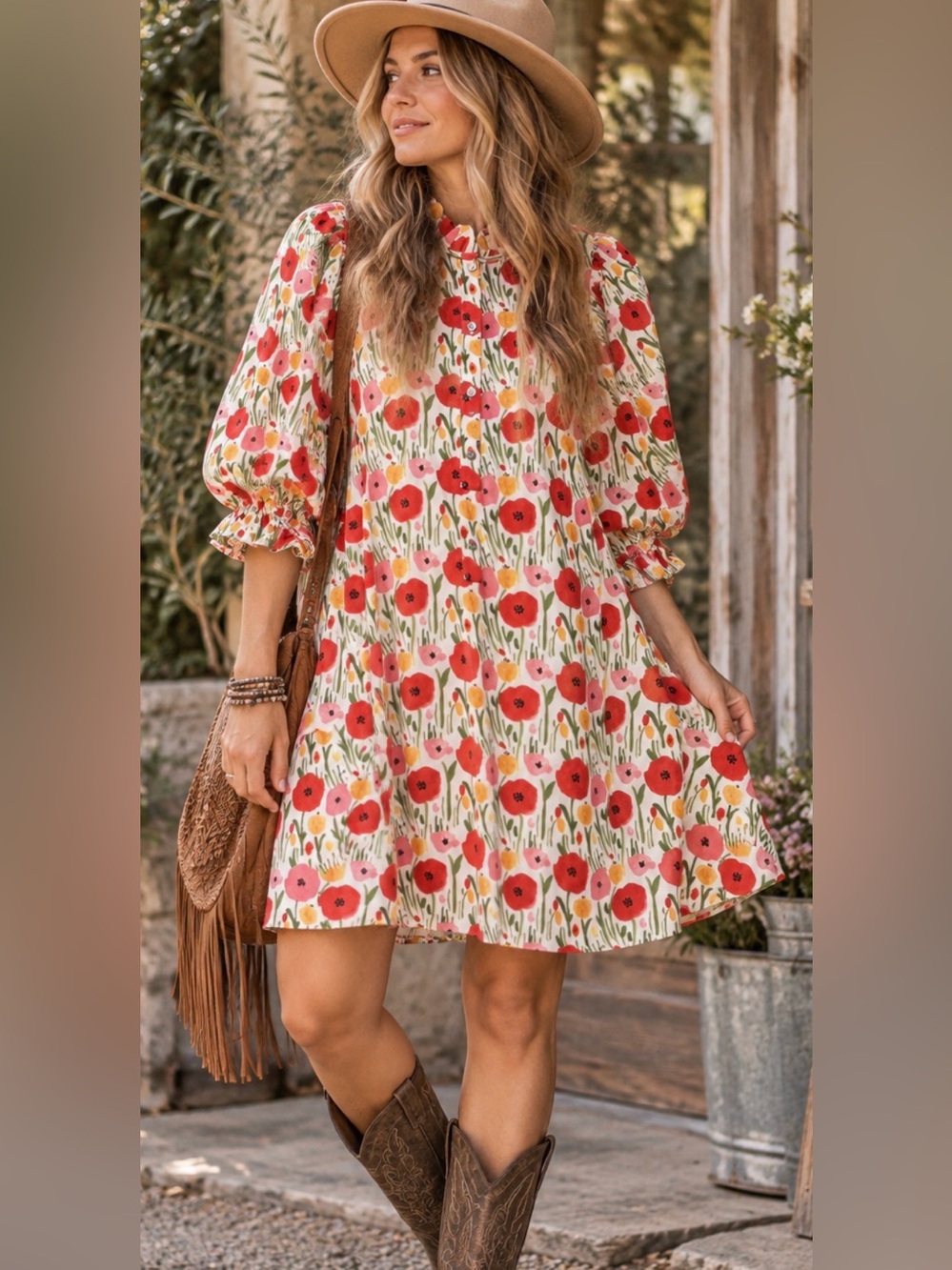 Entro Poppy Floral Dress Ruffle Collar Puff Sleeve Cottagecore